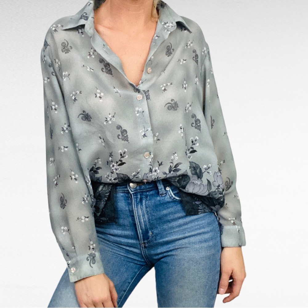 VINTAGE | BonWorth Multi-Grey Boho Floral Ombré Long Sleeve Button Down Shirt